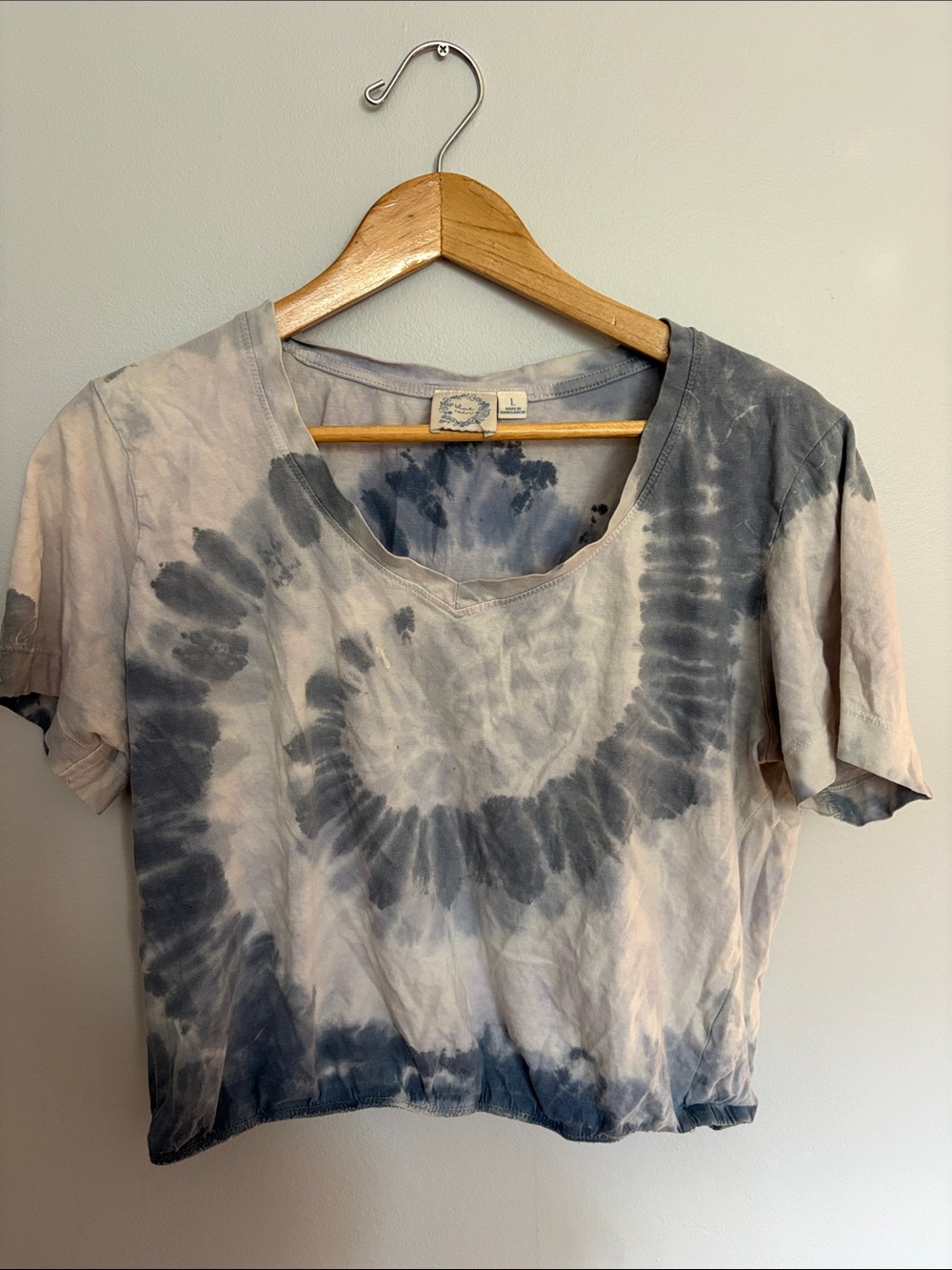 Tie-Dye Short Sleeve Crop Top - Gray & Blue